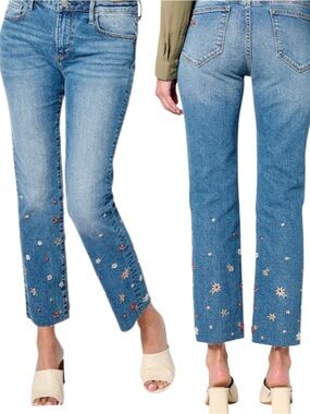 New Women Driftwood Charlotte Embroidered Flowers studs crop straight Jeans Sz 2